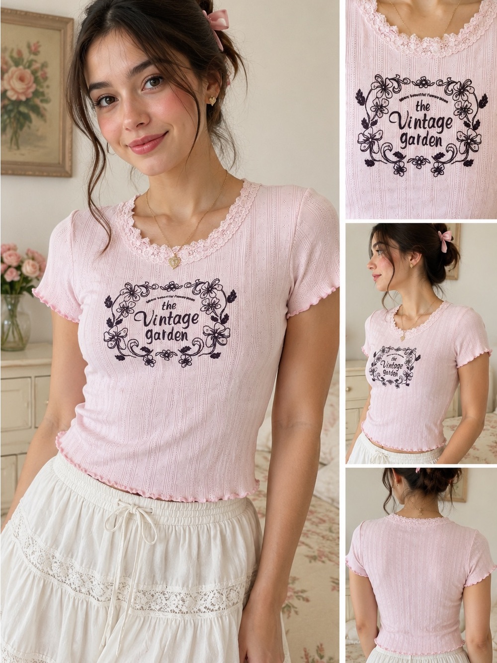 Coquette Fairycore Balletcore Vintage Garden Lace Pointelle Baby Pink Tee XS F38